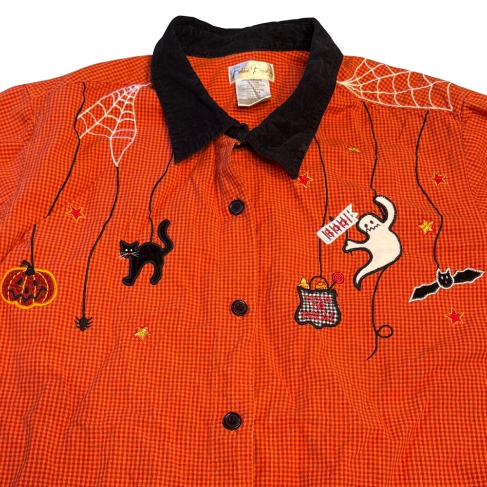 Vintage Bobbie Brooks Halloween Gingham Shirt Embroidered Corduroy Collar 22/24